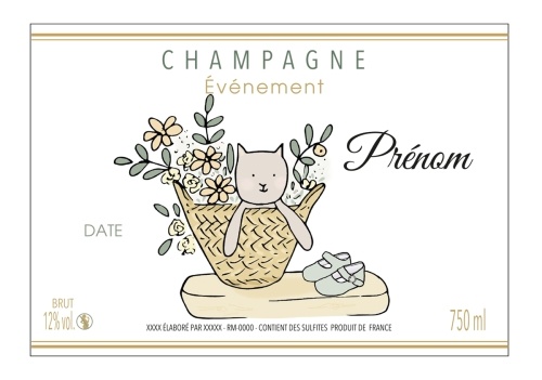 Étiquette autocollante avec 2 liserés d'or à chaud sur le thème de la naissance pour une bouteille de Champagne
