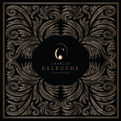 Motifs baroque en or à chaud autour de la marque Champagne Charles Delroche sur papier noir