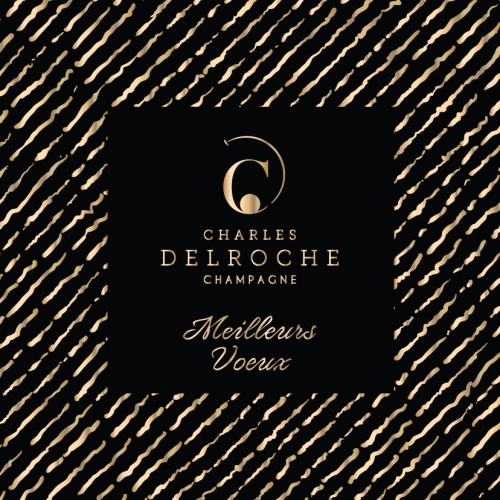 Marques de sillons en or à chaud en diagonales autour de la marque Champagne Charles Delroche sur papier noir