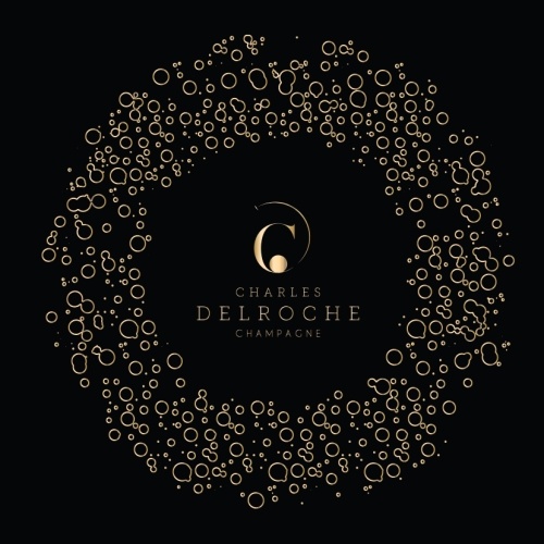 Dessin de bulles en or à chaud en cercles tournant autour de la marque Champagne Charles Delroche sur papier noir