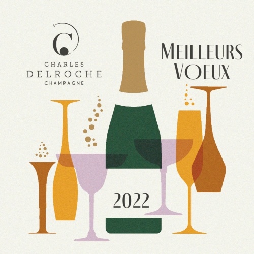 Illustration d'une bouteille de Champagne accompagnée de coupes et de flûtes colorées