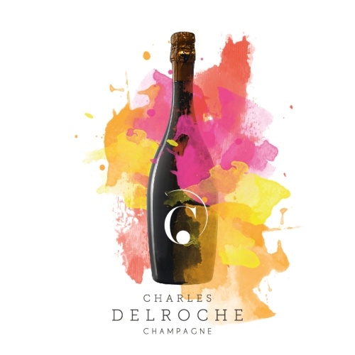 Bouteille de Champagne au milieu de tâches d'aquarelle aux couleurs chaudes