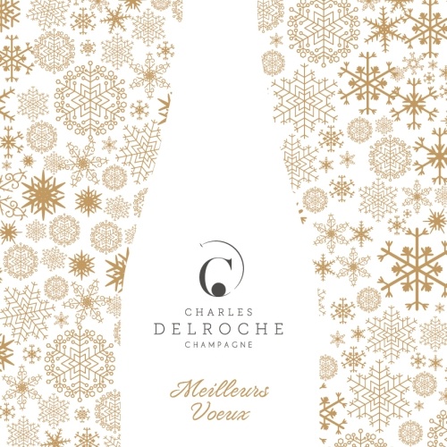Fond rempli de flocons de neige dorés qui dessine une silhouette en négatif d'une bouteille de Champagne