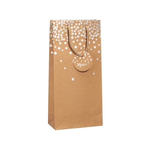 Sac pour 2 bouteilles de Champagne brun avec des pois blanc sur le haut du sac