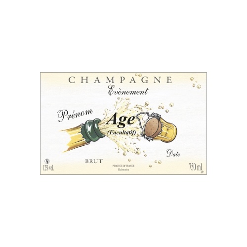 Étiquette avec un décor d'un bouchon de Champagne qui explose