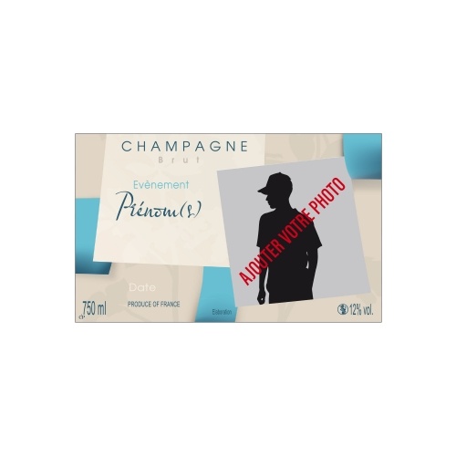Étiquette de champagne avec un décor de carrés couleurs taupe et bleu