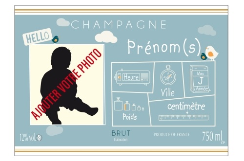 Étiquette de Champagne adhésive avec deux liserés d'or à chaud, bleue pour annoncer une naissance