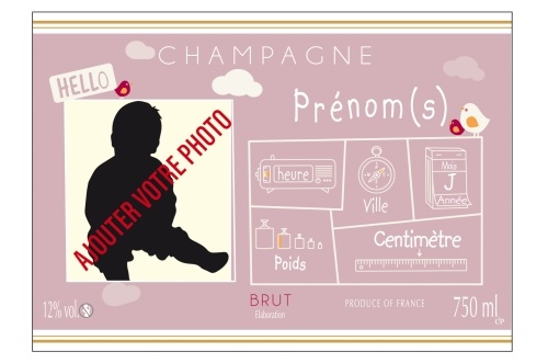 Étiquette de Champagne adhésive avec deux liserés d'or à chaud, rose pour annoncer une naissance