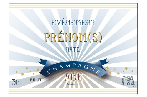 Étiquette adhésive avec deux liserés d'or à chaud avec un décor rayé blanc et bleu pour personnaliser une bouteille de Champagne