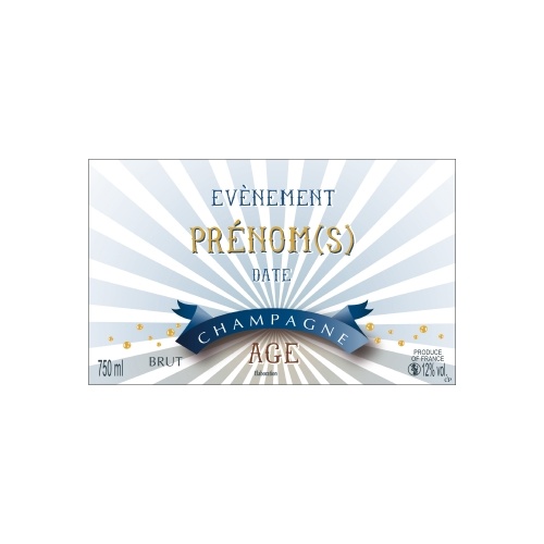 Étiquette avec un décor rayé blanc et bleu pour personnaliser une bouteille de Champagne