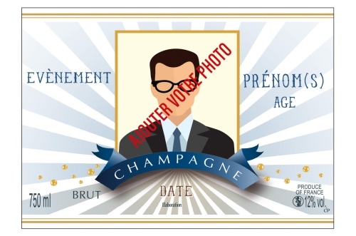 Étiquette adhésive avec deux liserés d'or à chaud avec un décor rayé blanc et bleu pour personnaliser une bouteille de Champagne
