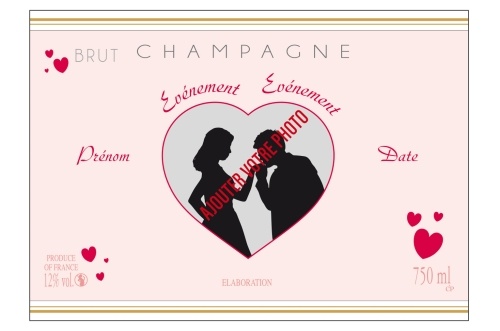 Étiquette de bouteille de Champagne rose avec des coeurs pour célébrer un mariage adhésive avec deux liserés en or