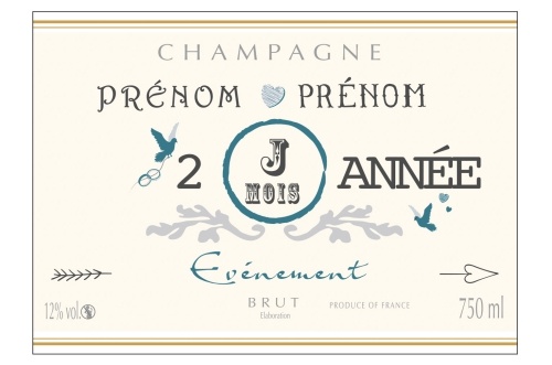 Étiquette crème et bleue adhésive avec deux liserés or à chaud de bouteille de Champagne pour fêter un évènement