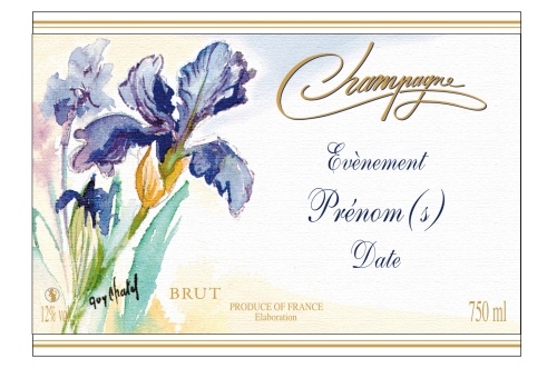 Étiquette adhésive avec deux liserés d'or à chaud de Champagne avec le dessin d'une iris