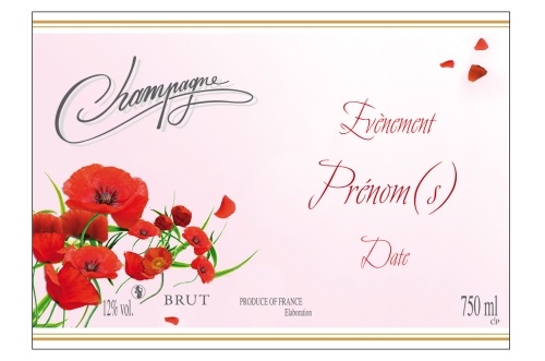 Étiquette de Champagne adhésive avec deux liserés d'or à chaud avec un fond rose et des coquelicots