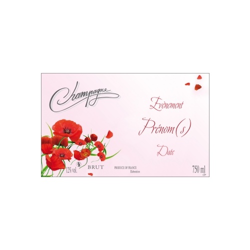 Étiquette de Champagne non-autocollante avec un fond rose et des coquelicots