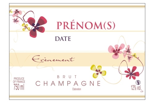 Étiquette adhésive avec deux liserés d'or à chaud blanche et crème de Champagne avec des dessins de fleurs