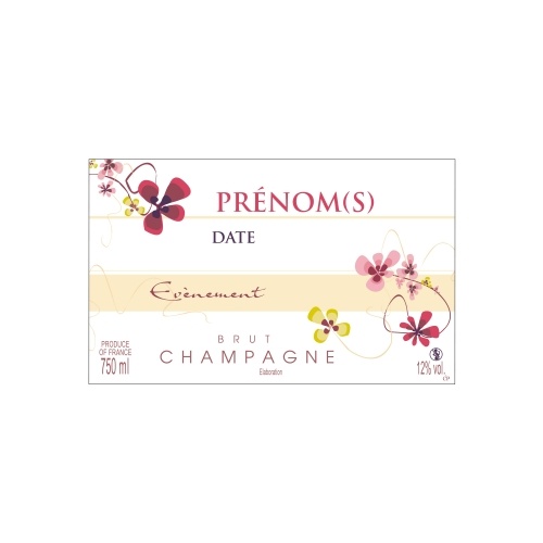 Étiquette blanche et crème de Champagne non-autocollante avec des dessins de fleurs