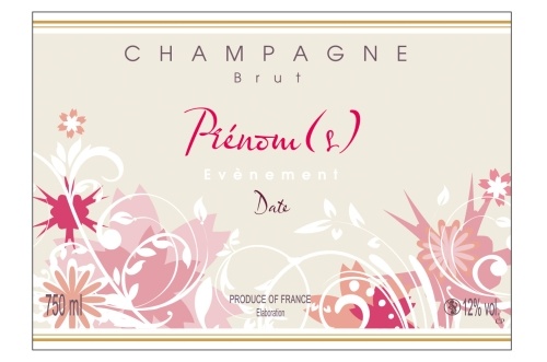 Étiquette adhésive avec deux liserés d'or à chaud beige de Champagne avec des dessins de fleurs roses