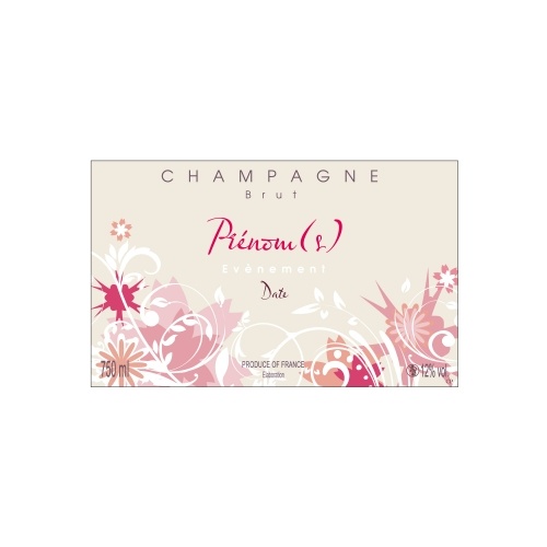 Étiquette beige de Champagne non-autocollante avec des dessins de fleurs roses
