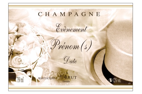 Étiquette de Champagne adhésive avec deux liserés d'or à chaud avec un décor de mariage