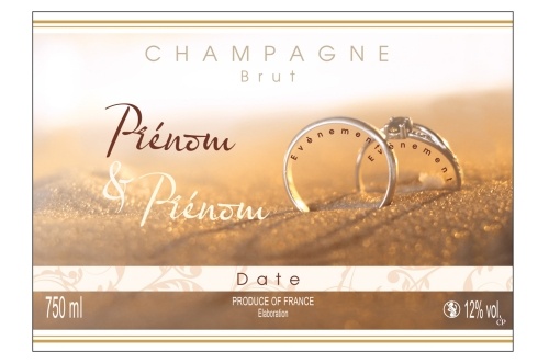 Étiquette pour Champagne adhésive avec deux liserés d'or à chaud avec un décor de mariage