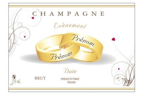 Étiquette pour Champagne adhésive avec deux liserés d'or à chaud avec des alliances pour fêter un mariage
