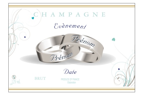 Étiquette de Champagne adhésive avec deux liserés d'or à chaud avec le dessin d'alliances pour célébrer un mariage