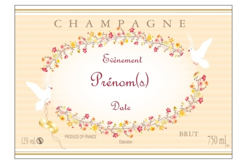 Étiquette de Champagne adhésive avec deux liseré d'or à chaud avec un décor de fleurs et de colombes idéal pour fêter un mariage