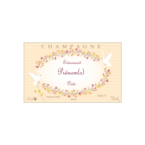 Étiquette de Champagne avec un décor de fleurs et de colombes idéal pour fêter un mariage