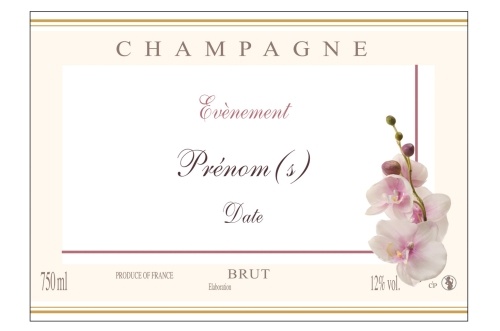 Étiquette adhésive avec deux liserés d'or à chaud crème et blanche de Champagne avec une branche d'orchidée