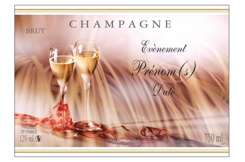 Étiquette de Champagne adhésive avec deux liserés d'or à chaud avec un décor festif