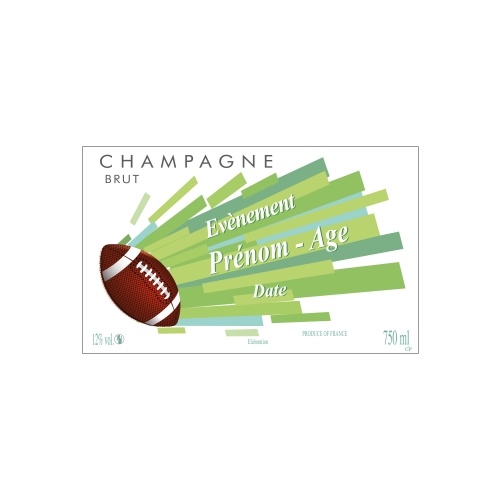Étiquette de Champagne blanche et verte avec un ballon de rugby