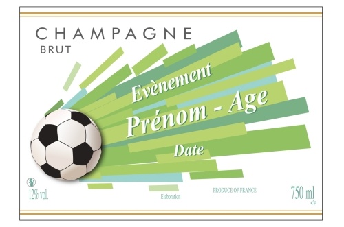 Étiquette de Champagne adhésive avec deux liserés d'or à chaud, blanche et verte avec un ballon de football