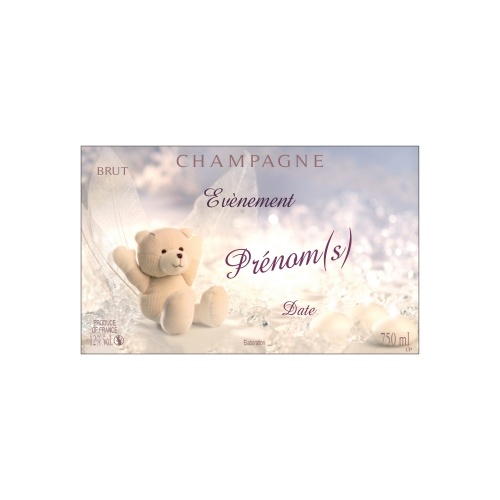 Étiquette aux couleurs froides et douces avec une peluche d'ours blanc pour annoncer une naissance