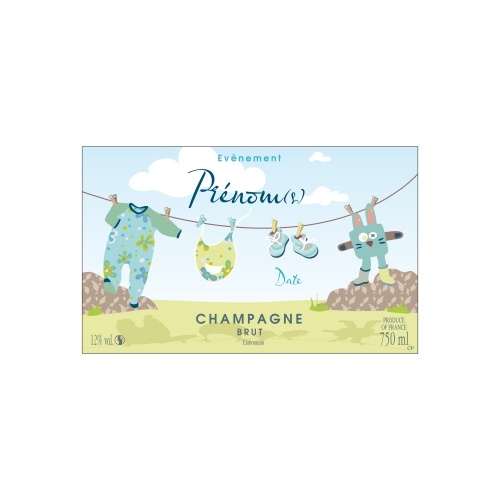Étiquette avec un décor bleu et vert et des éléments d'enfants annoncer une naissance