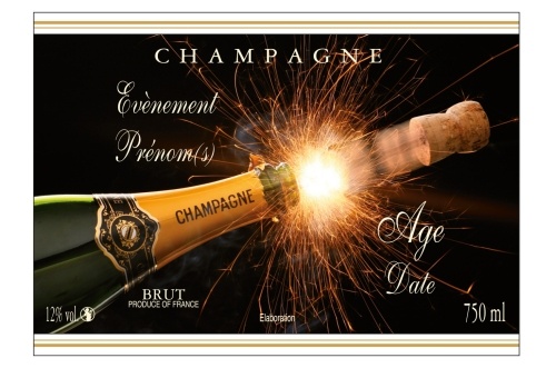 Étiquette adhésive avec deux liserés d'or à chaud de Champagne noire avec la photo d'une ouverture de bouteille