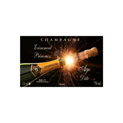 Étiquette de Champagne non-autocollante noire avec la photo d'une ouverture de bouteille