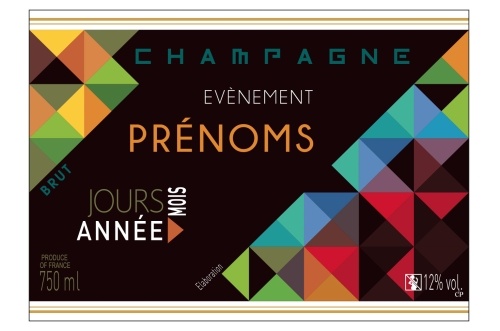 Étiquette de Champagne adhésive avec deux liserés d'or à chaud, noire avec des formes géométriques colorées