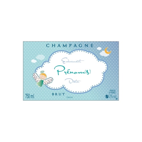 Étiquette avec un nuage blanc sur fond bleu avec un petit ange pour annoncer une naissance