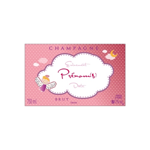 Étiquette avec un nuage blanc sur fond rose avec un petit ange pour annoncer une naissance