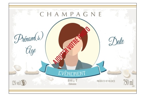 Étiquette de Champagne adhésive avec deux liserés d'or à chaud, blanche et crème avec des éléments rappelant la mer