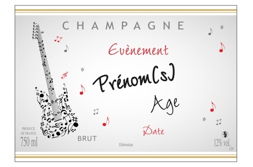 Étiquette de Champagne adhésive avec deux liserés d'or à chaud sur le thème de la musique