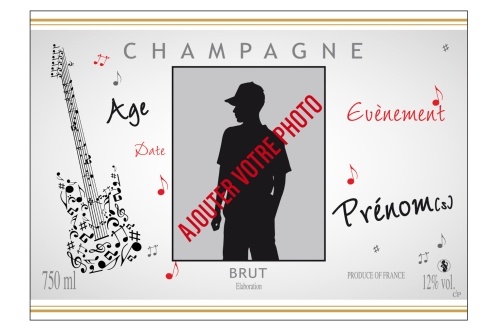 Étiquette adhésive avec deux liserés d'or à chaud pour personnaliser une bouteille de Champagne sur le thème de la musique
