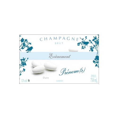 Étiquette blanche et bleue avec des éléments graphiques et des dragées pour annoncer une naissance