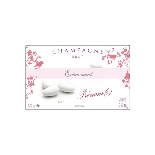 Étiquette blanche et rose avec des éléments graphiques et des dragées pour annoncer une naissance