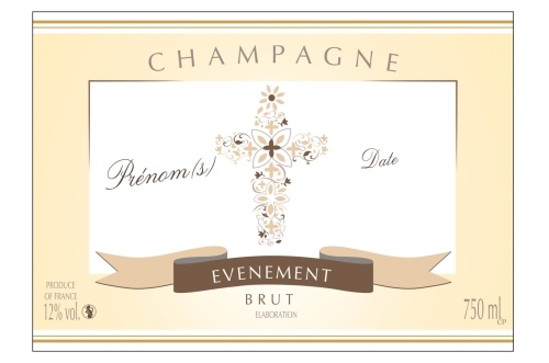 Étiquette de Champagne adhésive avec deux liserés d'or à chaud, avec un contour crème et une croix pour fêter une communion