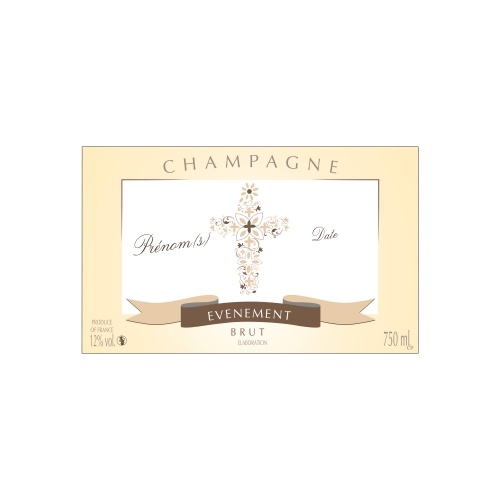 Étiquette de Champagne avec un contour crème et une croix pour fêter une communion