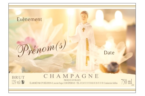 Étiquette de Champagne adhésive avec deux liserés d'or à chaud pour célébrer une communion