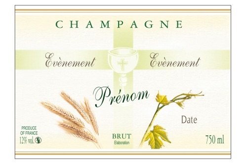 Étiquette de Champagne adhésive avec deux liserés d'or à chaud, verte pâle pour célébrer une communion